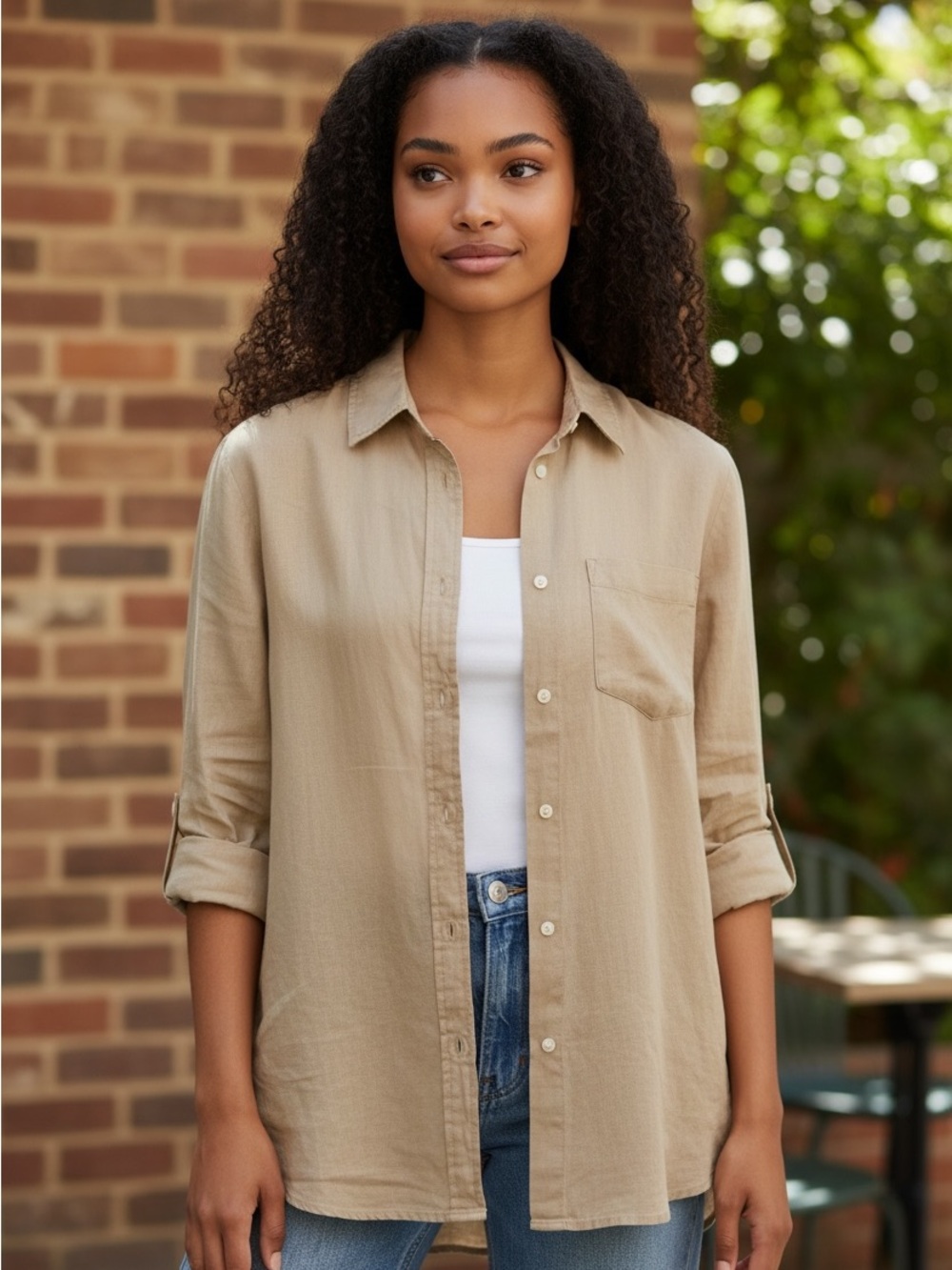 GAP 100% Linen Lightweight Tan Button-Down Shirt Boyfriend Fit XS